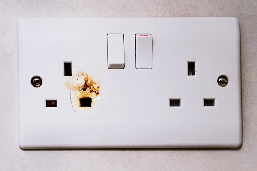 A double plug socket that has partially melted and cracked due to a power overload.