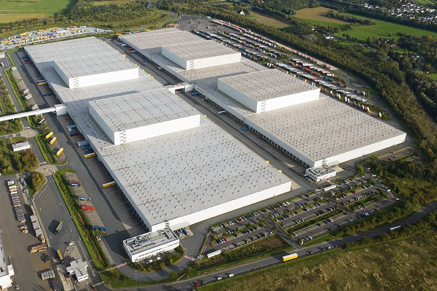 Aerial drone view on a large distribution center.