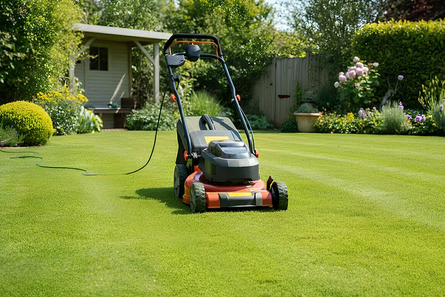 A garden with shed, flowers, borders and a electric lawn mower in the middle of the grass.