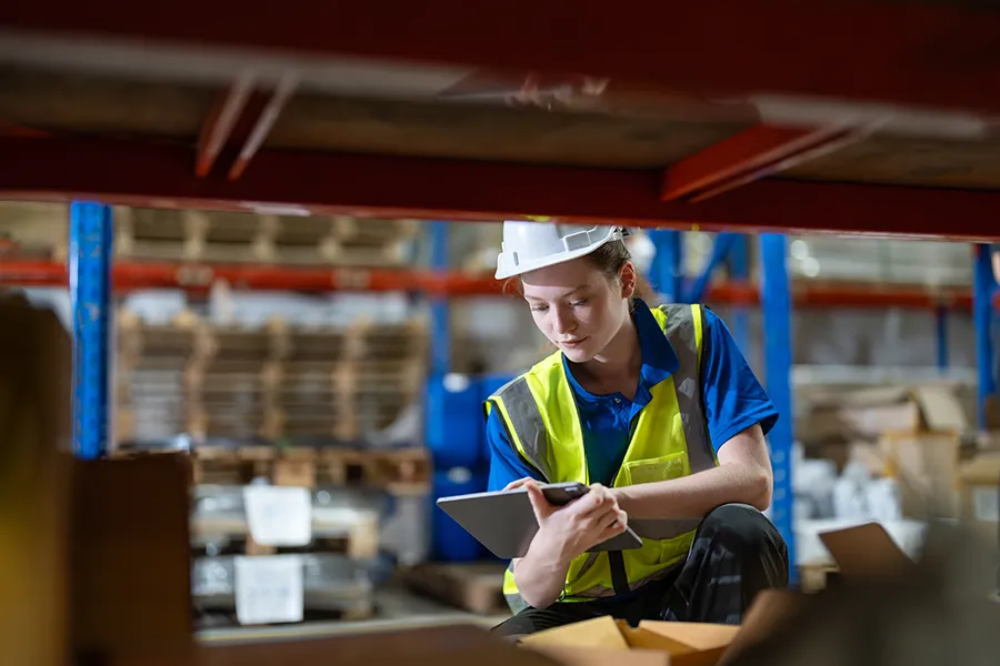 Female worker with digital tablet connected via WiFi, checking stock products on shelves at warehouse factory store.