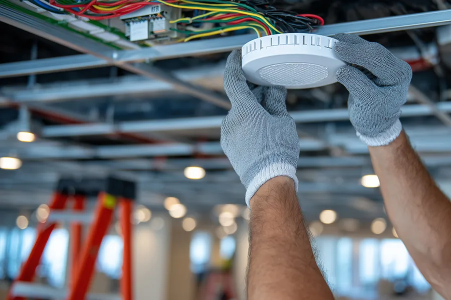 Fire Alarm Installation A close-up of a technicians gloved hands as he is installing a smoke detector onto a hung ceiling frame.