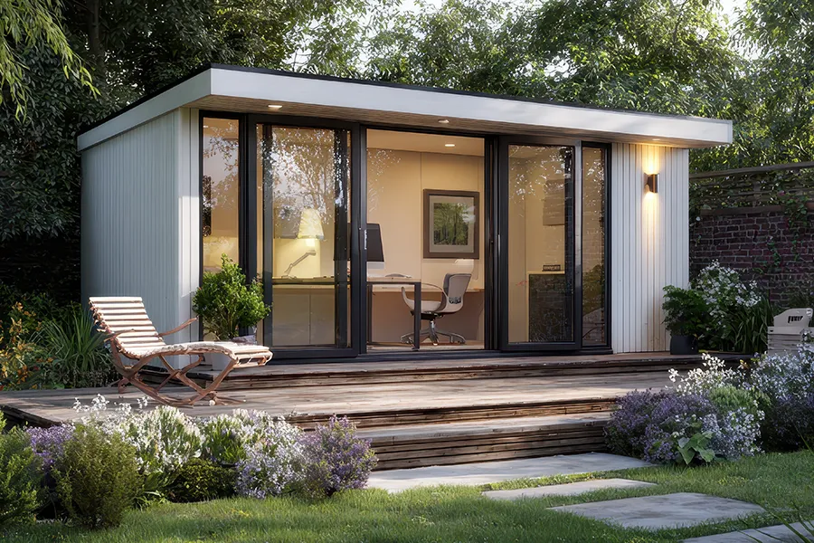 Garden office with bi-fold doors, decking area in a mature garden.