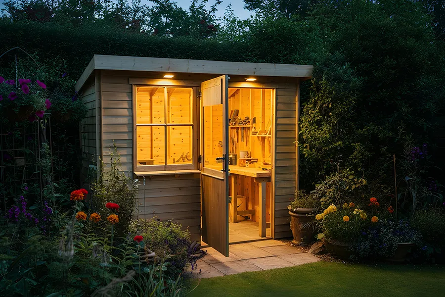 Garden shed with electric lighting inside and outside at the bottom of a garden.