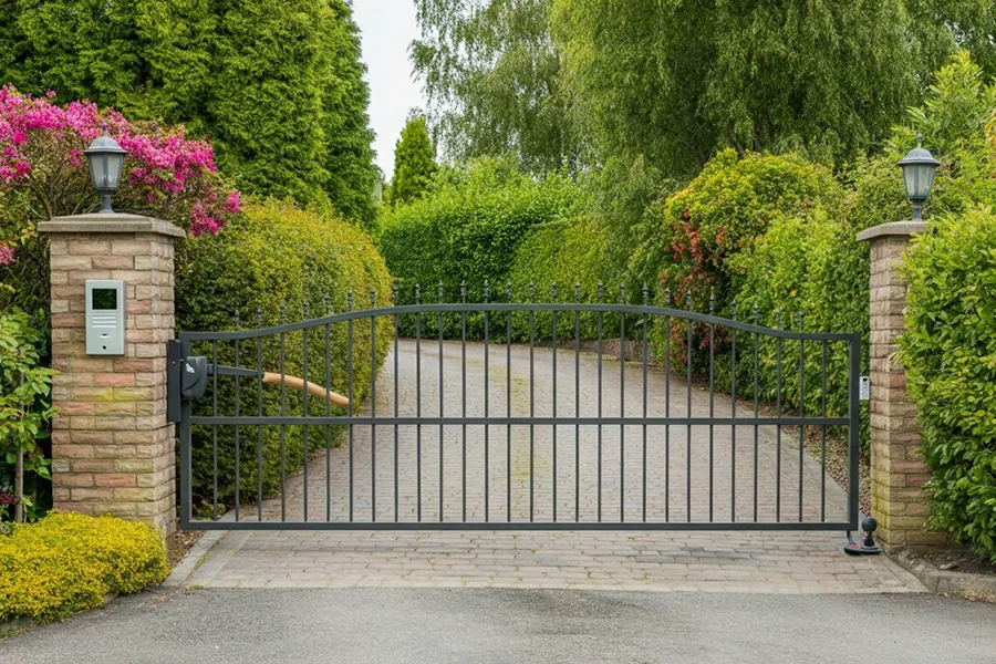 A large metal gateed driveway leading to a house with an electric gate entry system with an intercom.