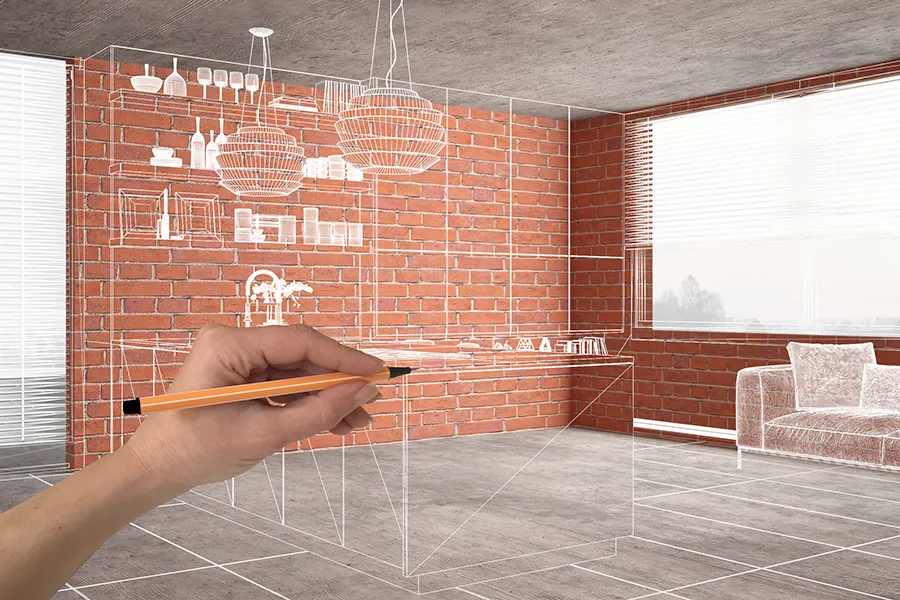 House development concept with a hand drawing custom architecture and lighting for a modern kitchen.