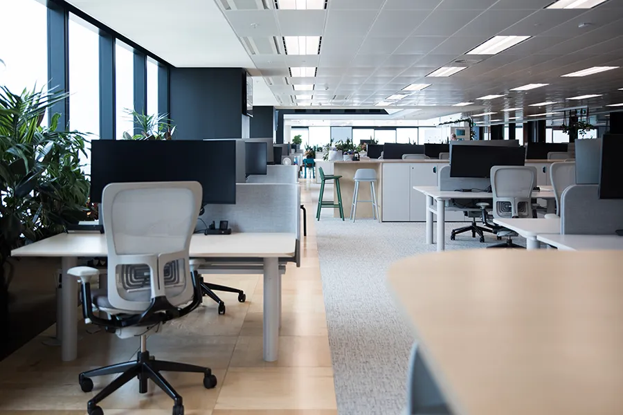 A recent modern open plan office fit out, with lots of desks, chairs, computer screens.