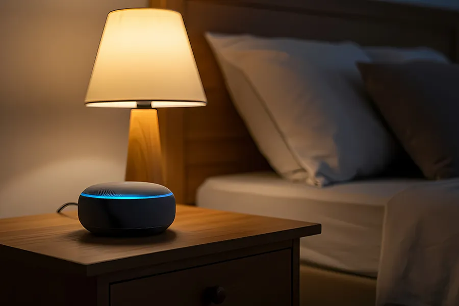 A glowing smart speaker on a nightstand with a warmly lit lamp beside a bed.