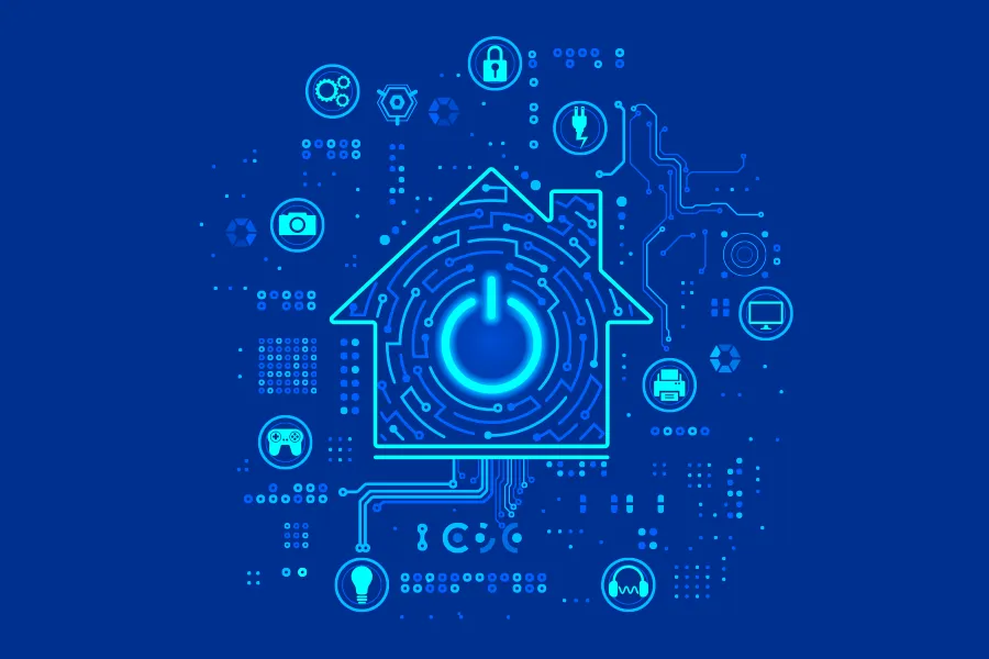 An abstract concept for smart homes, shape of a house in electric blue, sourrounded by appliance icons.