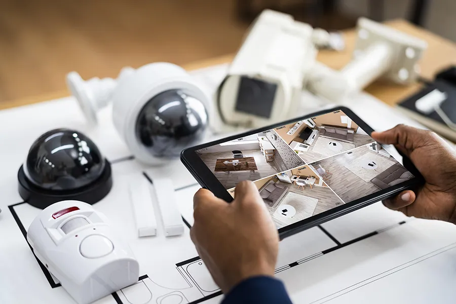CCTV Installation - security equipment laid out on a table with a man holding a tablet with live camera feeds from the security devices installed around his home.