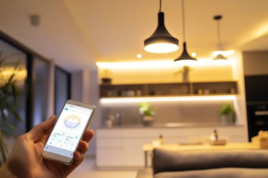 In a living room, a close up of a hand that is holding a mobile phone which displays an app used to control the smart lighting within the home.